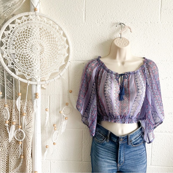 Hollister Boho Print Purple Sheer Crop Top - Picture 6 of 9